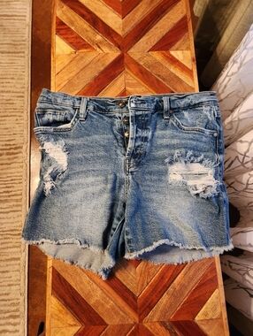 Ernest Sewn Distressed Mid Rise Button Fly Denim Shorts